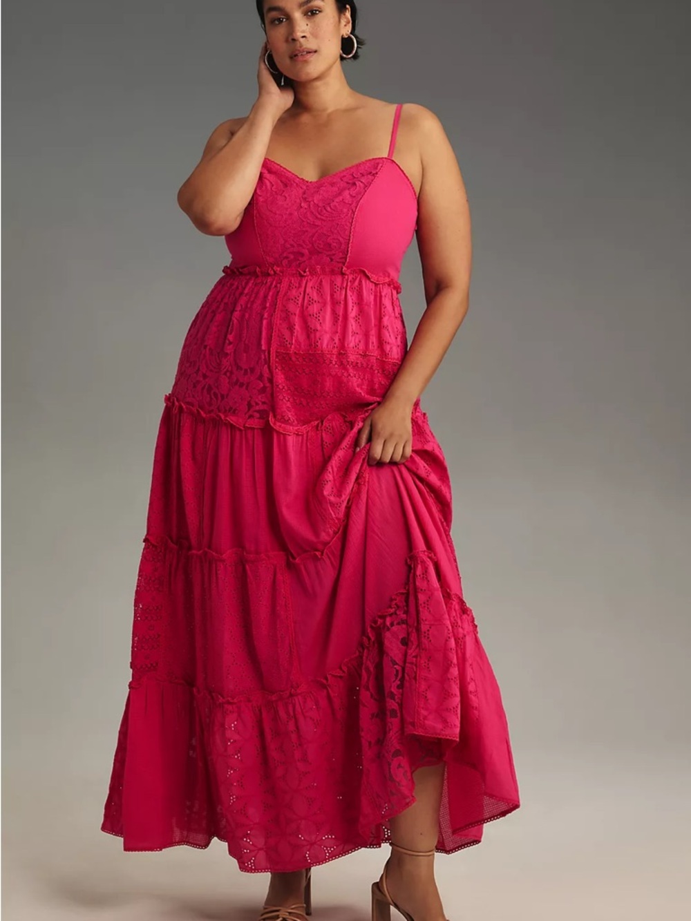 Anthropologie Sleeveless Patchwork Lace Tiered Maxi Dress with Spaghetti Straps